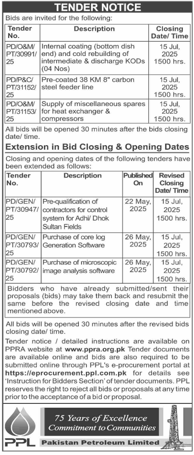Pakistan Petroleum Limited Tender Notice